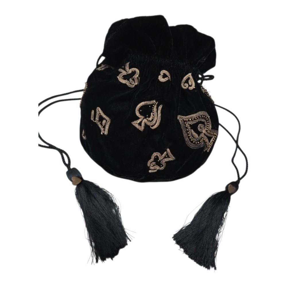 Black Velvet Beaded Hearts Tassel Drawstring Bucket Bag Boho Whimsigoth Purse